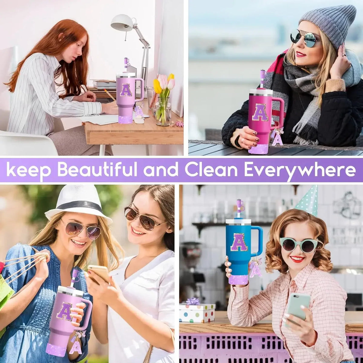 Collage showing women using purple tumblers with initial charms and accessories.