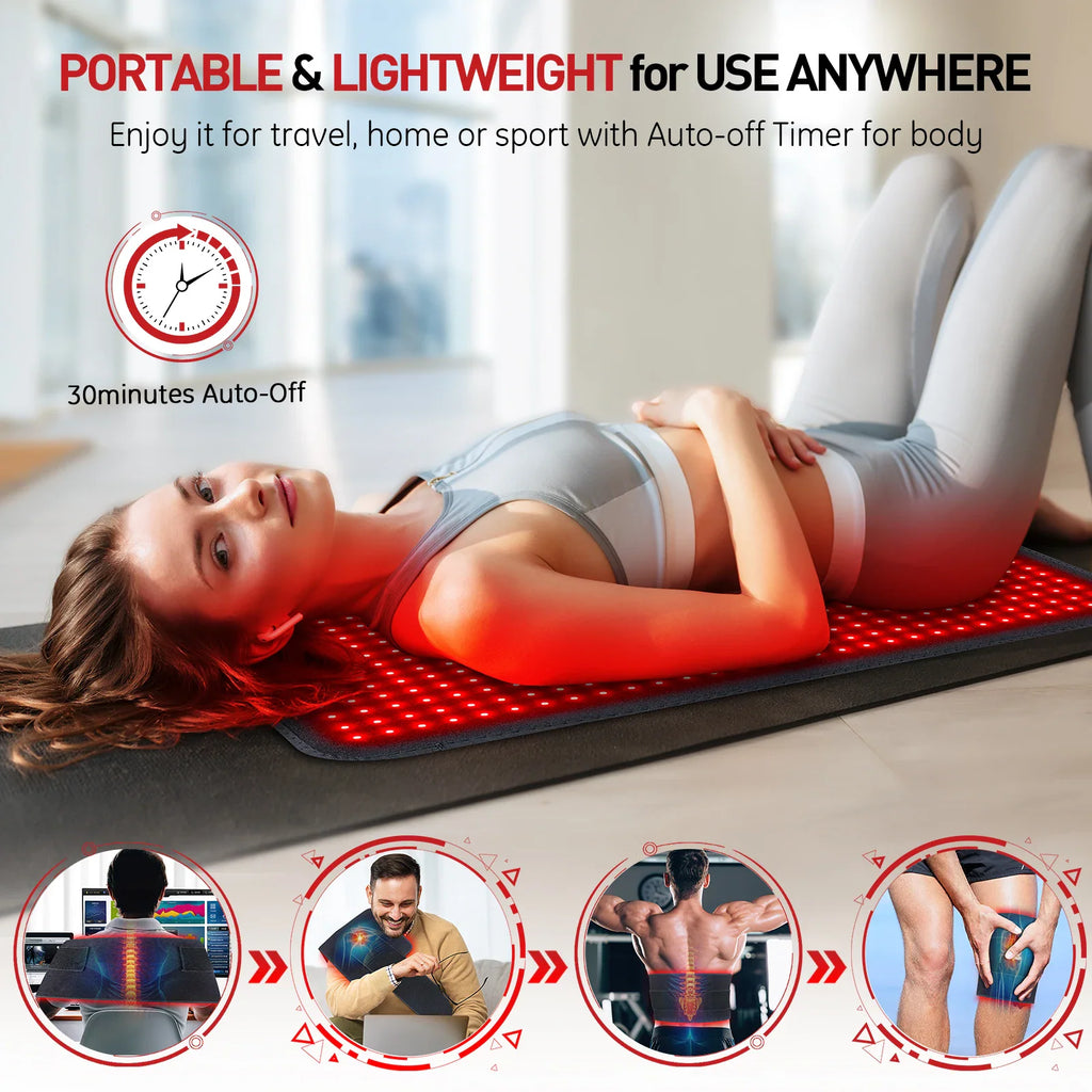 Person using a flexible red light therapy wrap on their back, waist, and knee to relieve pain