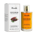 Coco Musk perfume bottle and its packaging box featuring cocoa bean illustration.