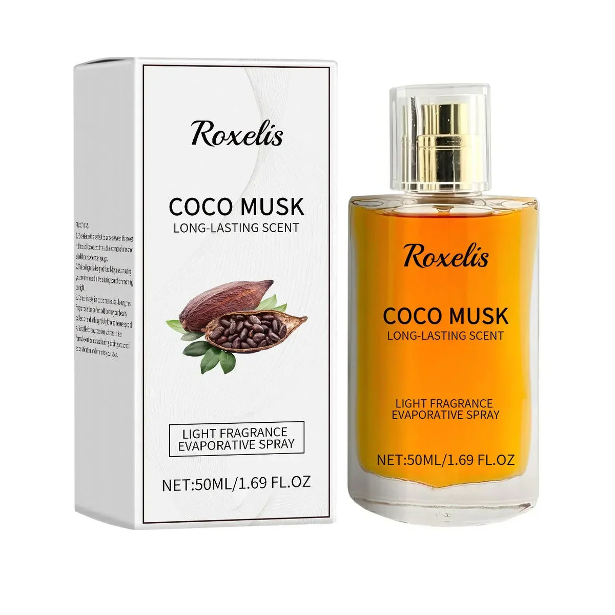 Coco Musk perfume bottle and its packaging box featuring cocoa bean illustration.