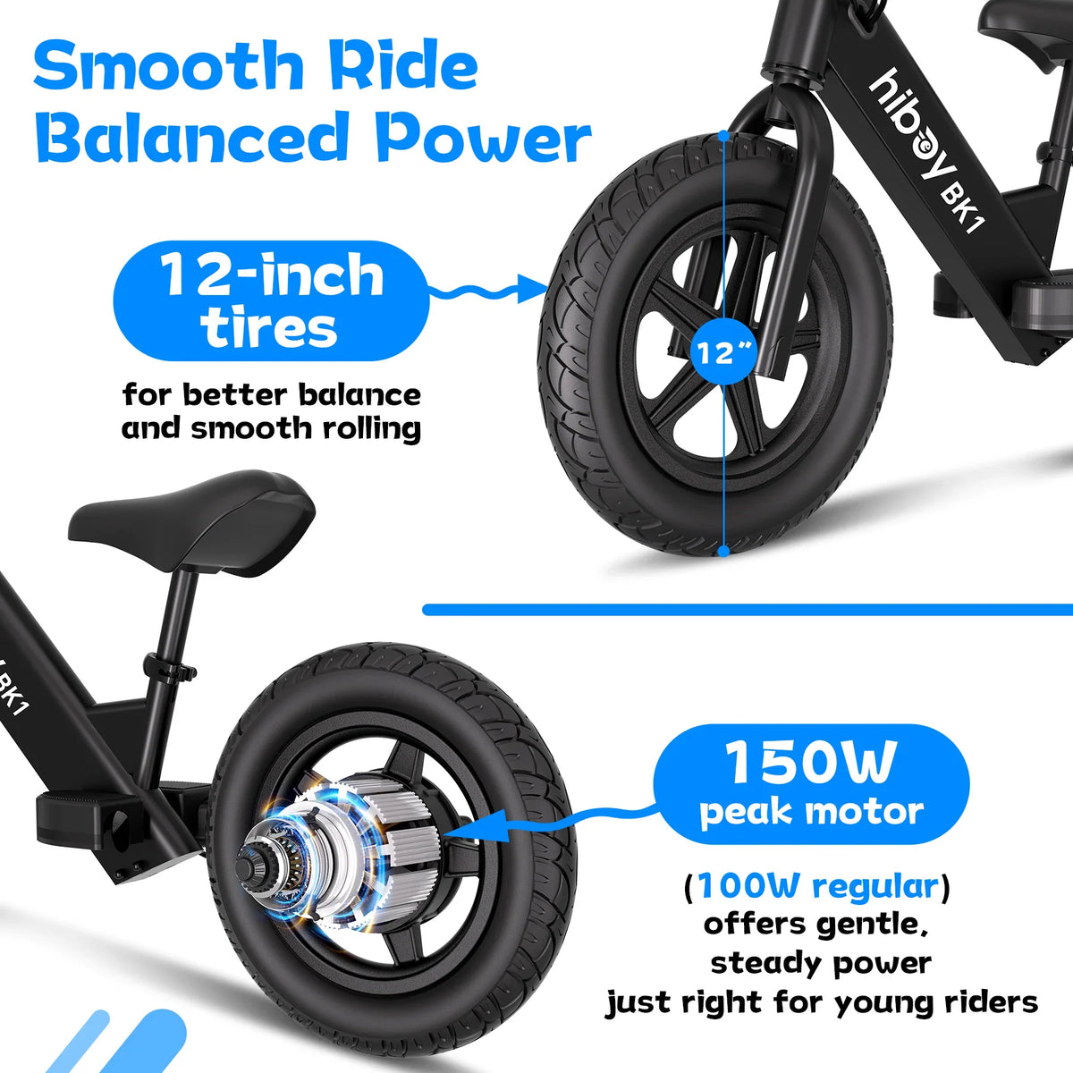 Diagram showing the 12-inch tire and the 150W peak motor of the electric bike