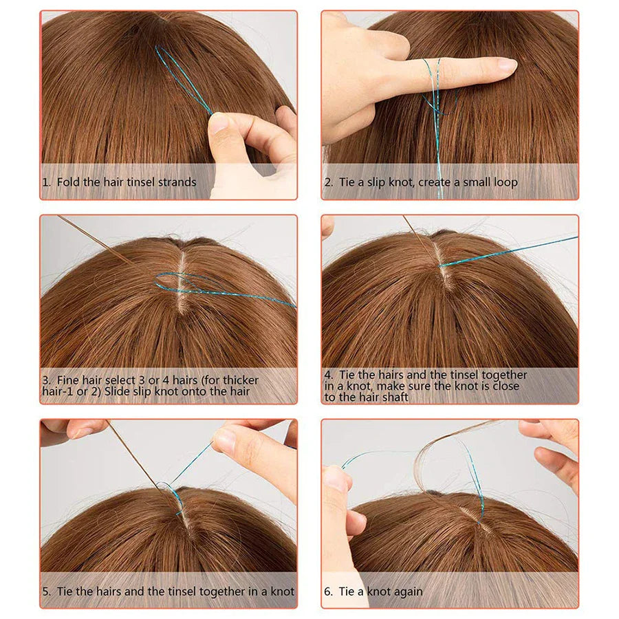 Step by step guide with text illustrating how to tie hair tinsel into natural hair