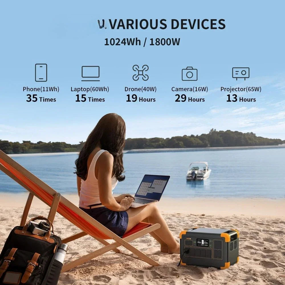 Woman working on a laptop at the beach powered by a portable power station