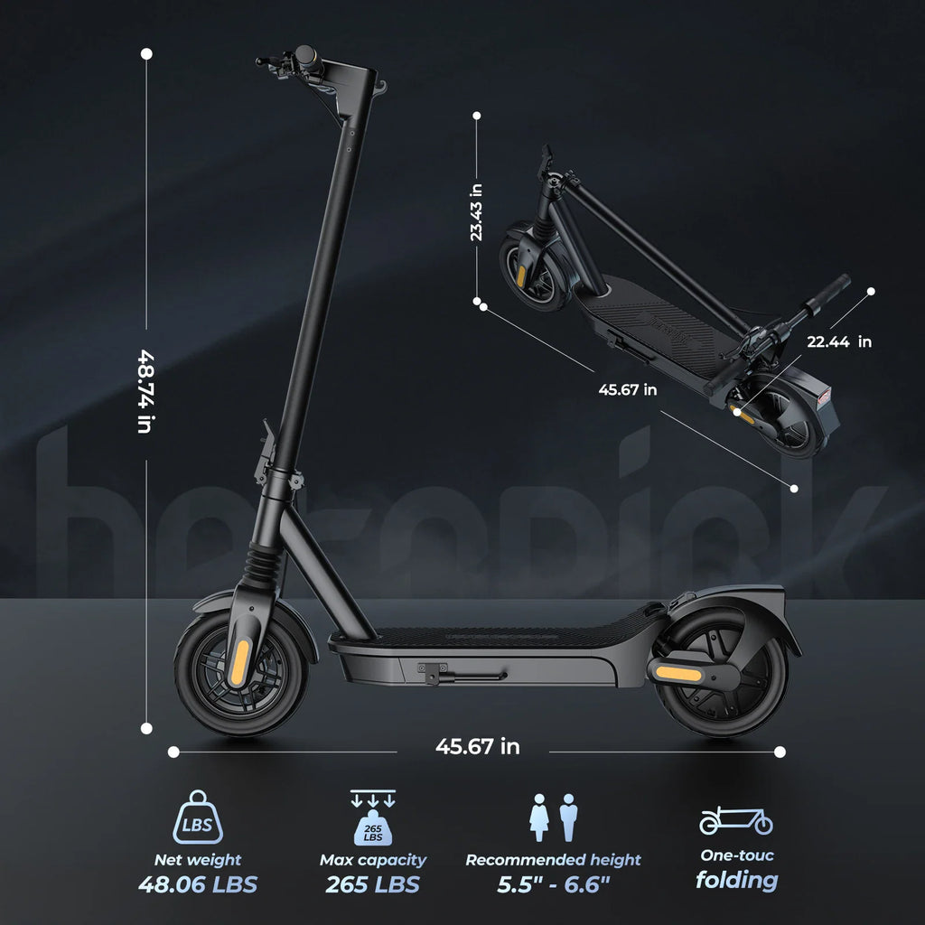 Technical diagram showing dimensions and weight capacity for a foldable electric scooter