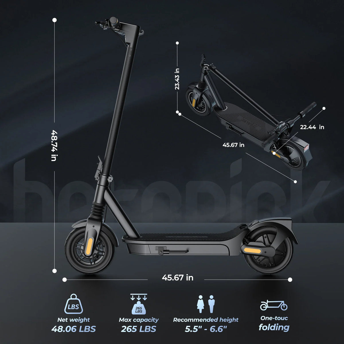 Technical diagram showing dimensions and weight capacity for a foldable electric scooter