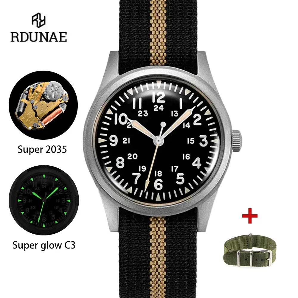 Military style men's quartz wristwatch with black dial and beige and black striped nylon strap