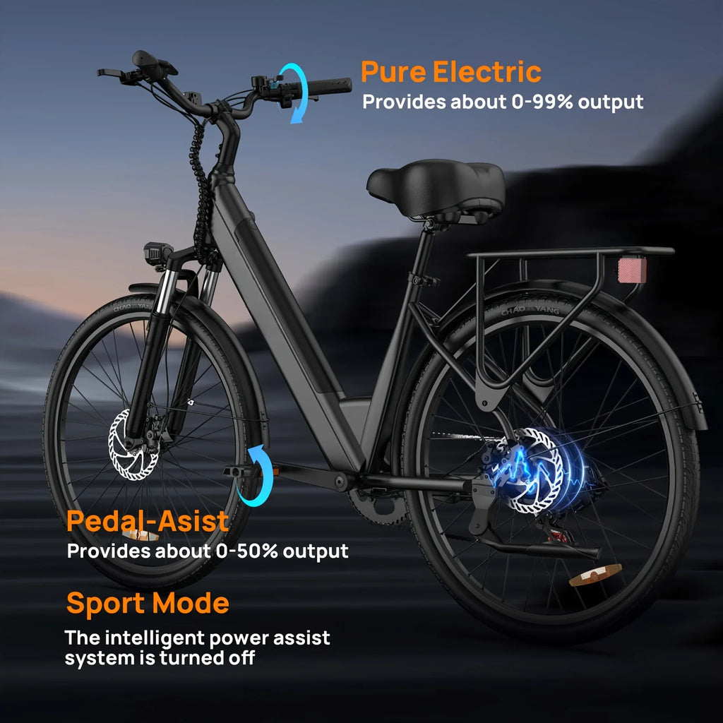 Electric bicycle showing pedal assist, pure electric, and sport riding modes