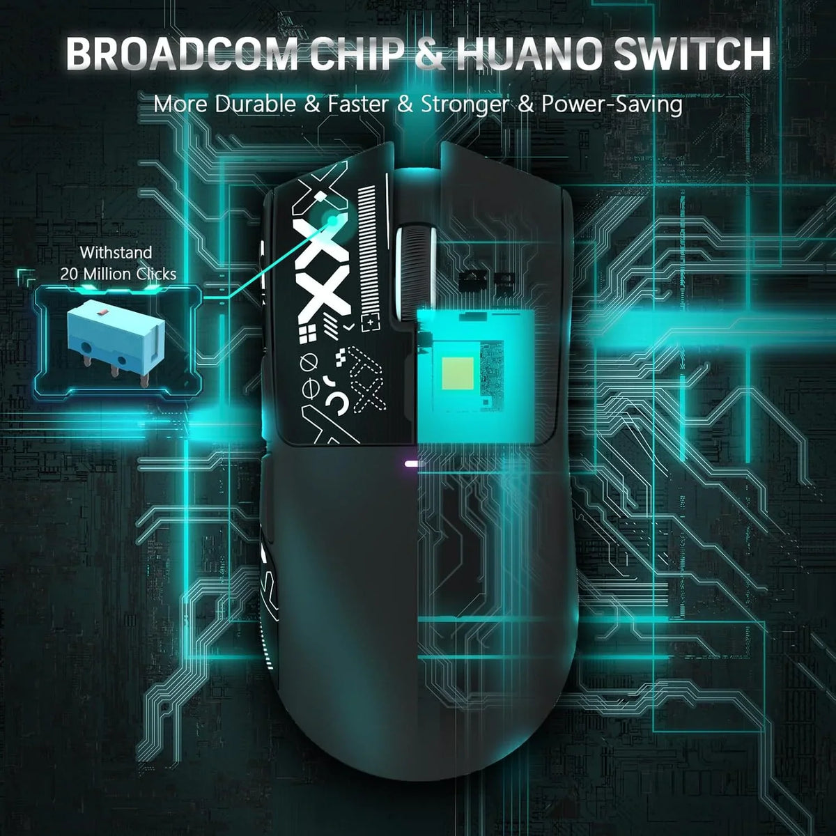 Internal view of a gaming mouse focusing on the switch and chipset components