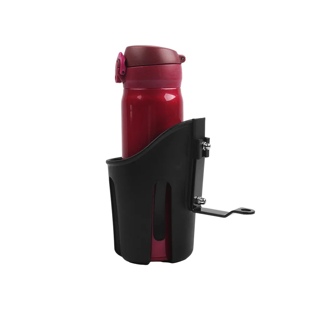 Black plastic motorcycle drink holder with a red water bottle