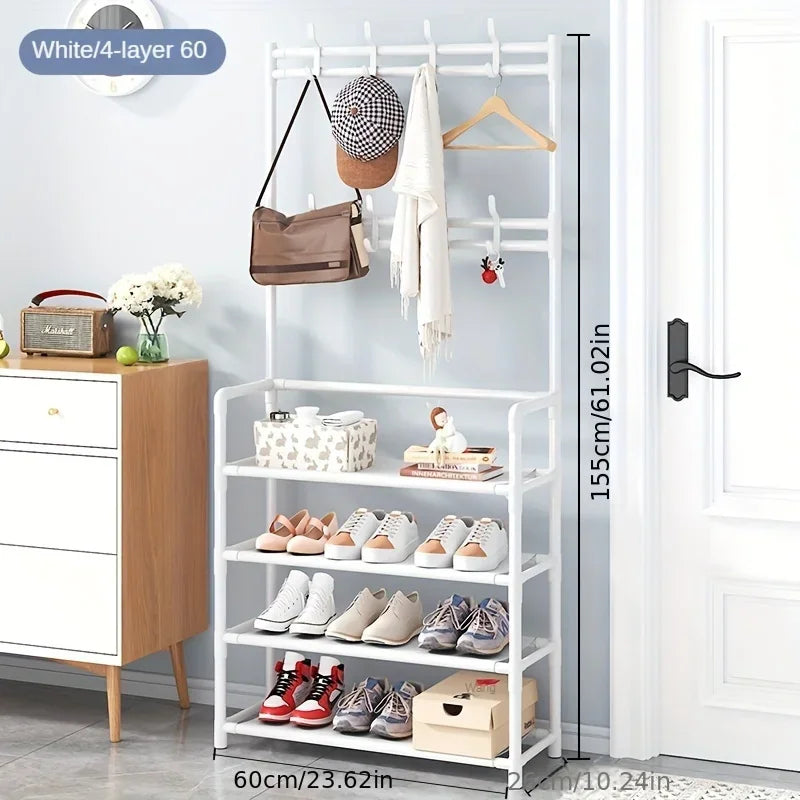 White 4-tier metal floor standing coat rack and shoe storage shelf with multiple hooks