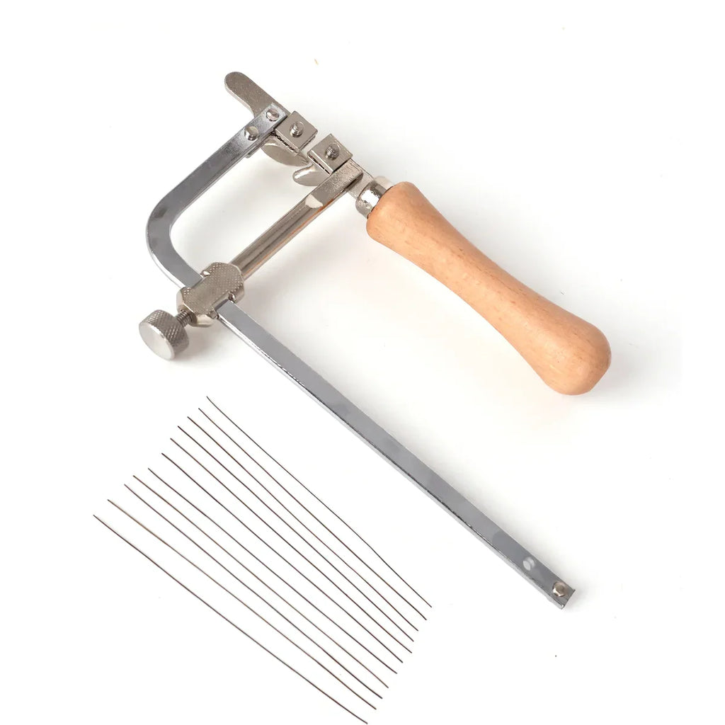 U-shaped jewelry saw frame with a wooden handle and 12 blades