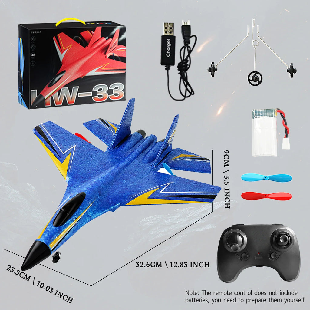 Blue RC fighter jet kit with remote, battery, charging cable, landing gear, and retail box