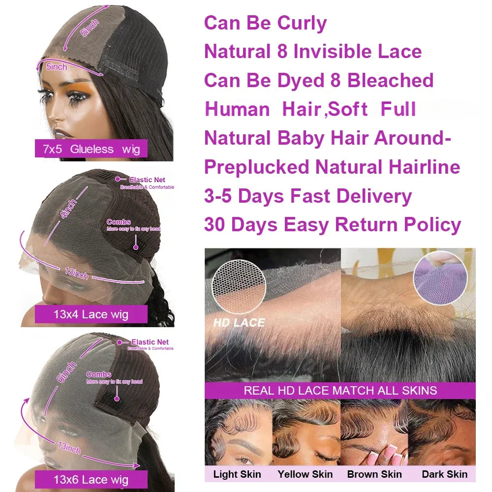 Different lace front wig cap sizes and skin tone matching samples