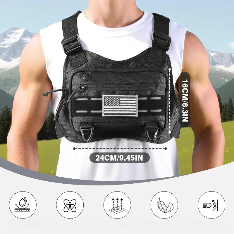 A man wearing a black tactical chest bag with measurement indicators and feature icons overlaid on the photo.