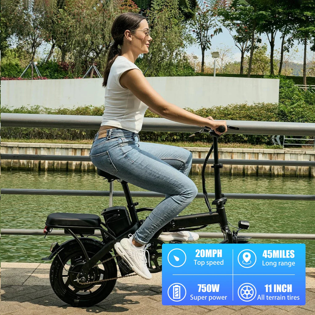 Black Hezzo T5 folding electric bike with 14-inch wheels and front basket – view 7