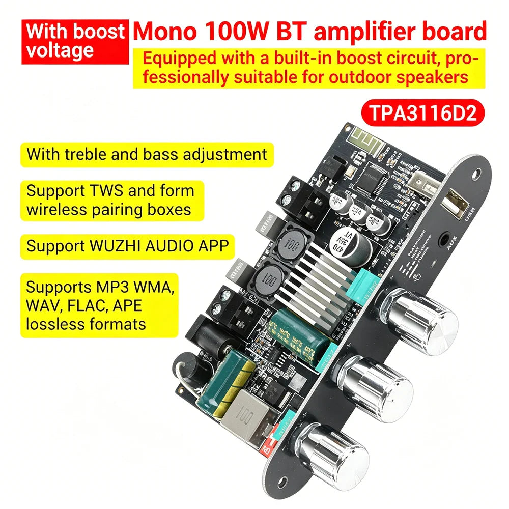 Mono Bluetooth 5.3 amplifier board with 100W output power, TPA3116D2 chip, and bass/treble adjustments.