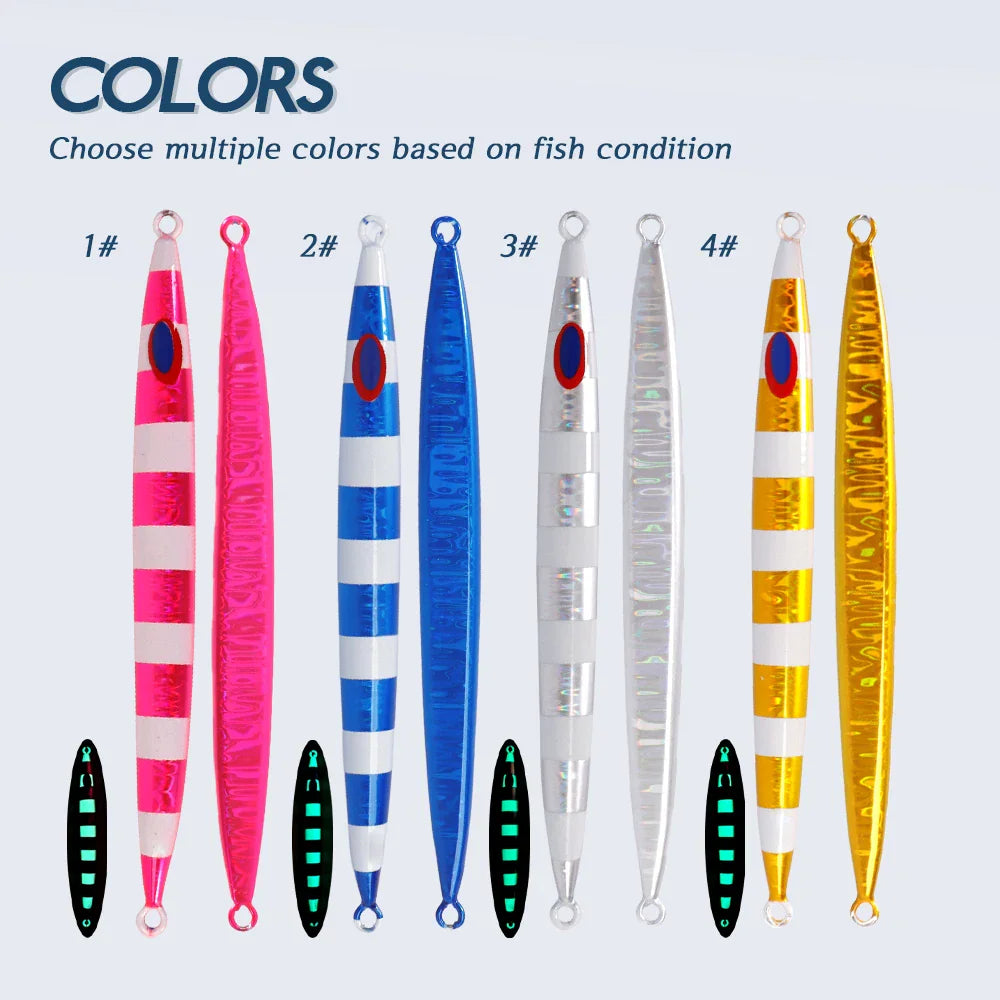 Four pairs of fishing jigs in different colours with their corresponding glow-in-the-dark versions shown below.