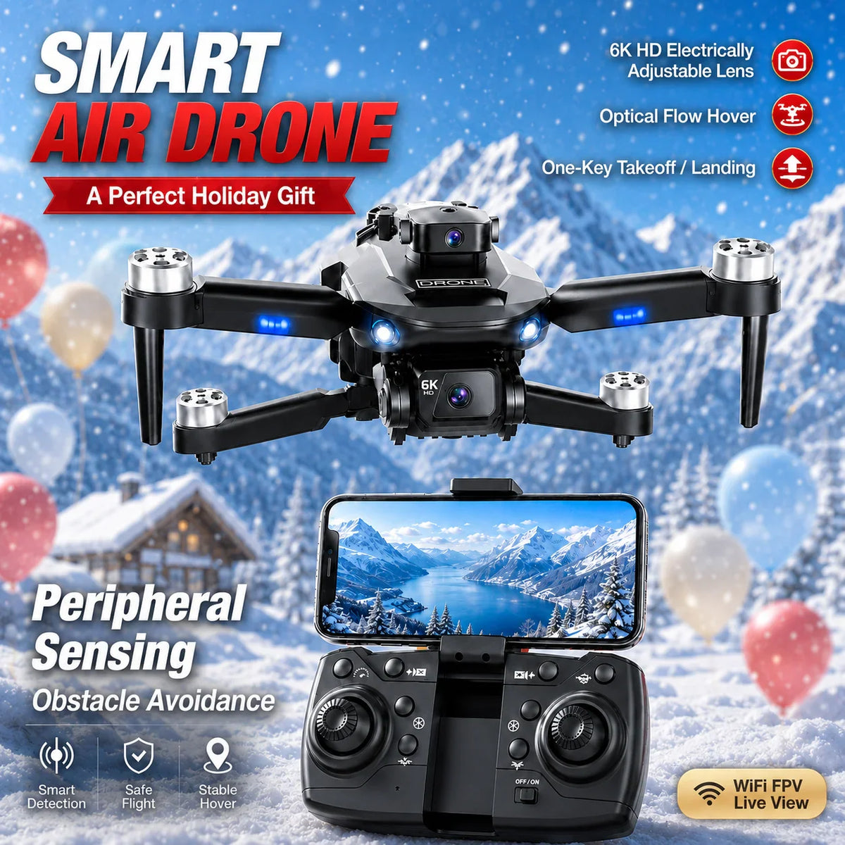 Black drone with remote controller in a snowy winter holiday scene