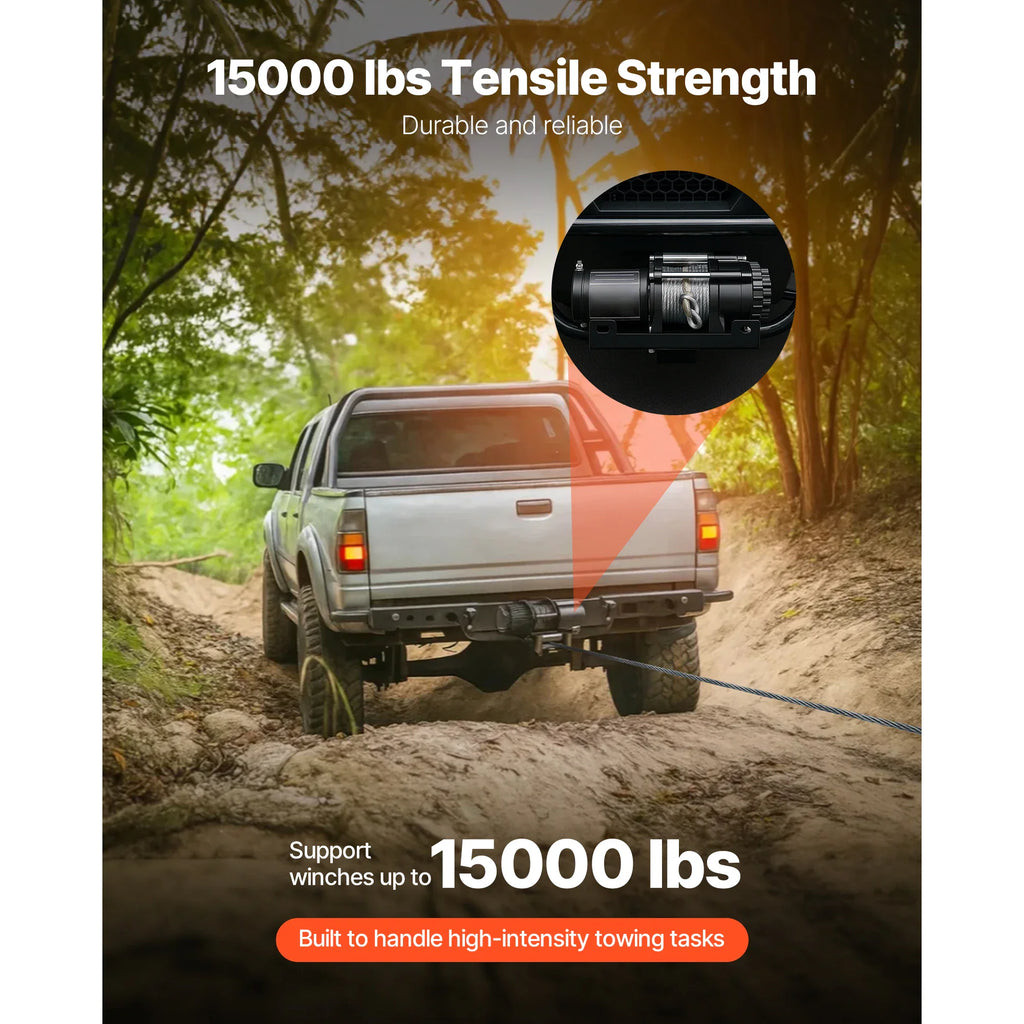 Trailer hitch winch mount installed on a pickup truck showing 15000 lbs tensile strength