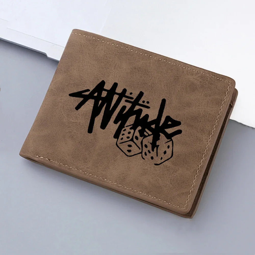 Brown bi-fold leather wallet with dice and attitude text print