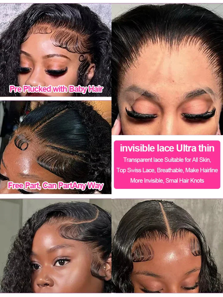 Deep wave lace wig showing pre-plucked hairline and invisible lace details