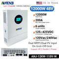 White 48V 12kW split phase hybrid solar inverter with technical specifications.