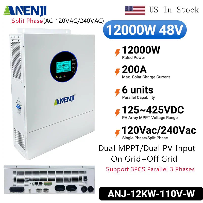 White 48V 12kW split phase hybrid solar inverter with technical specifications.