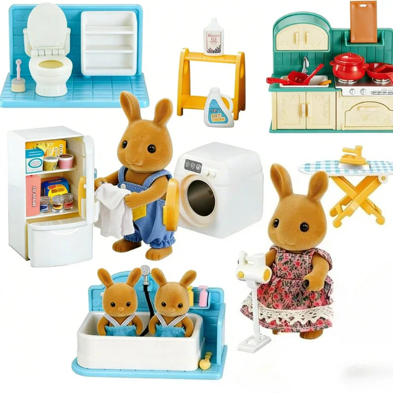 Dollhouse bathroom and laundry accessories with brown rabbit figurines.