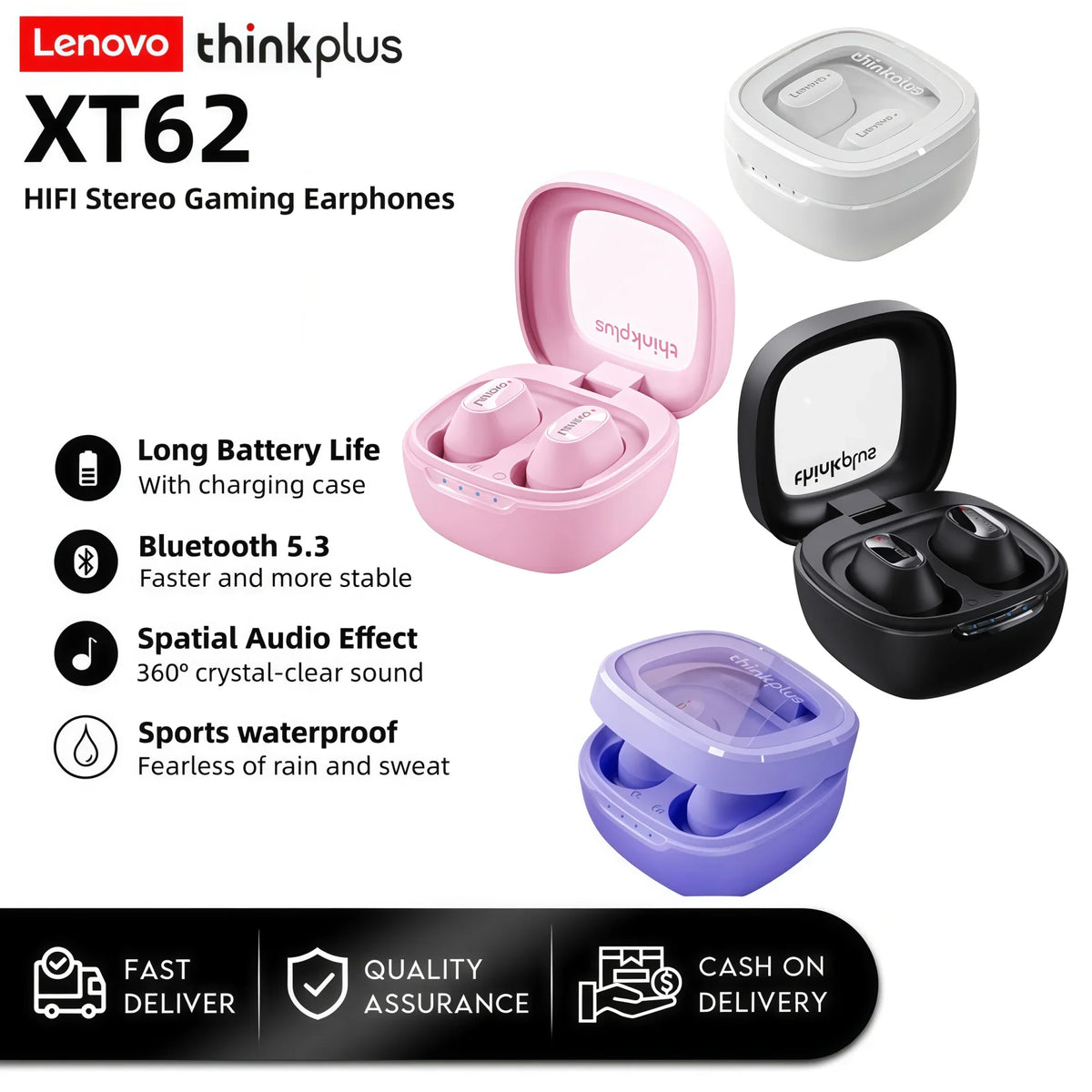 Wireless earbuds in pink, black, white, and purple cases with charging details and feature text