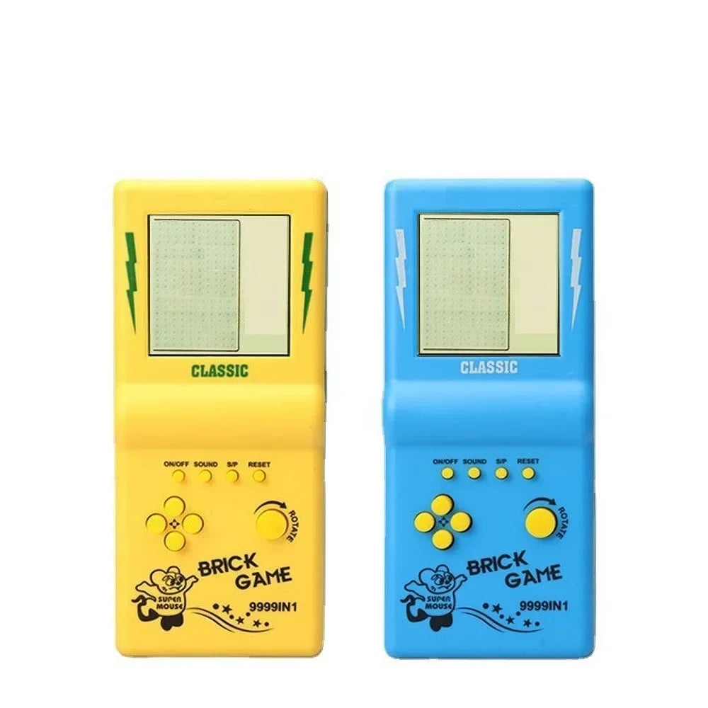 Two handheld brick game consoles in yellow and blue colors