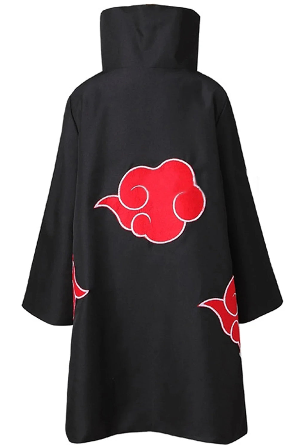 Back view of a black cloak with red cloud design for cosplay