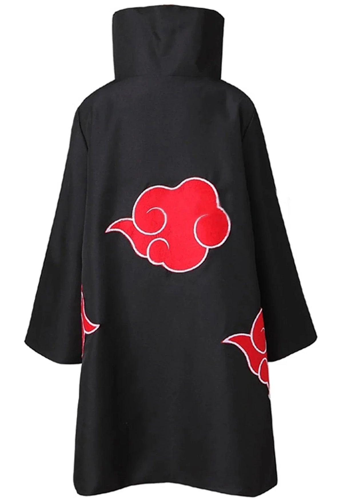 Back view of a black cloak with red cloud design for cosplay
