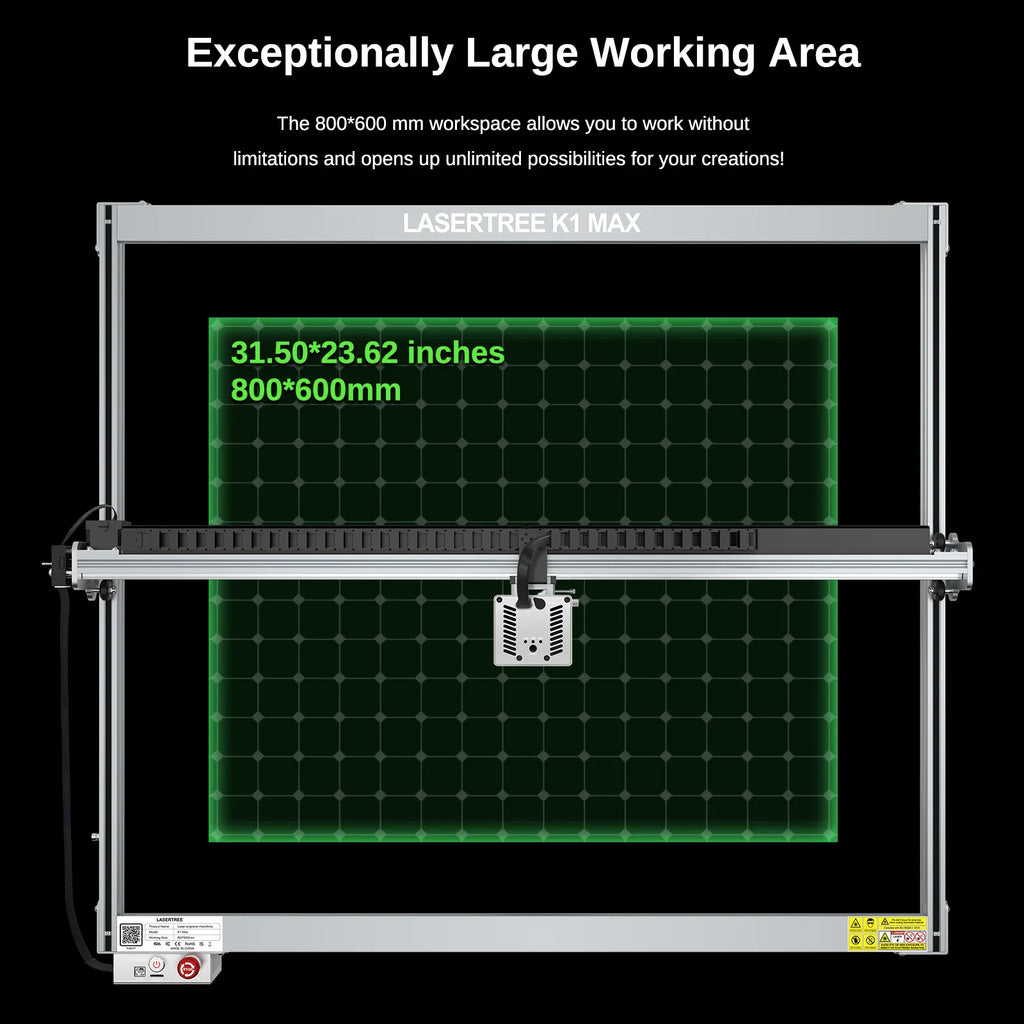 Diagram showing the large 800x600mm working area of a laser engraving machine
