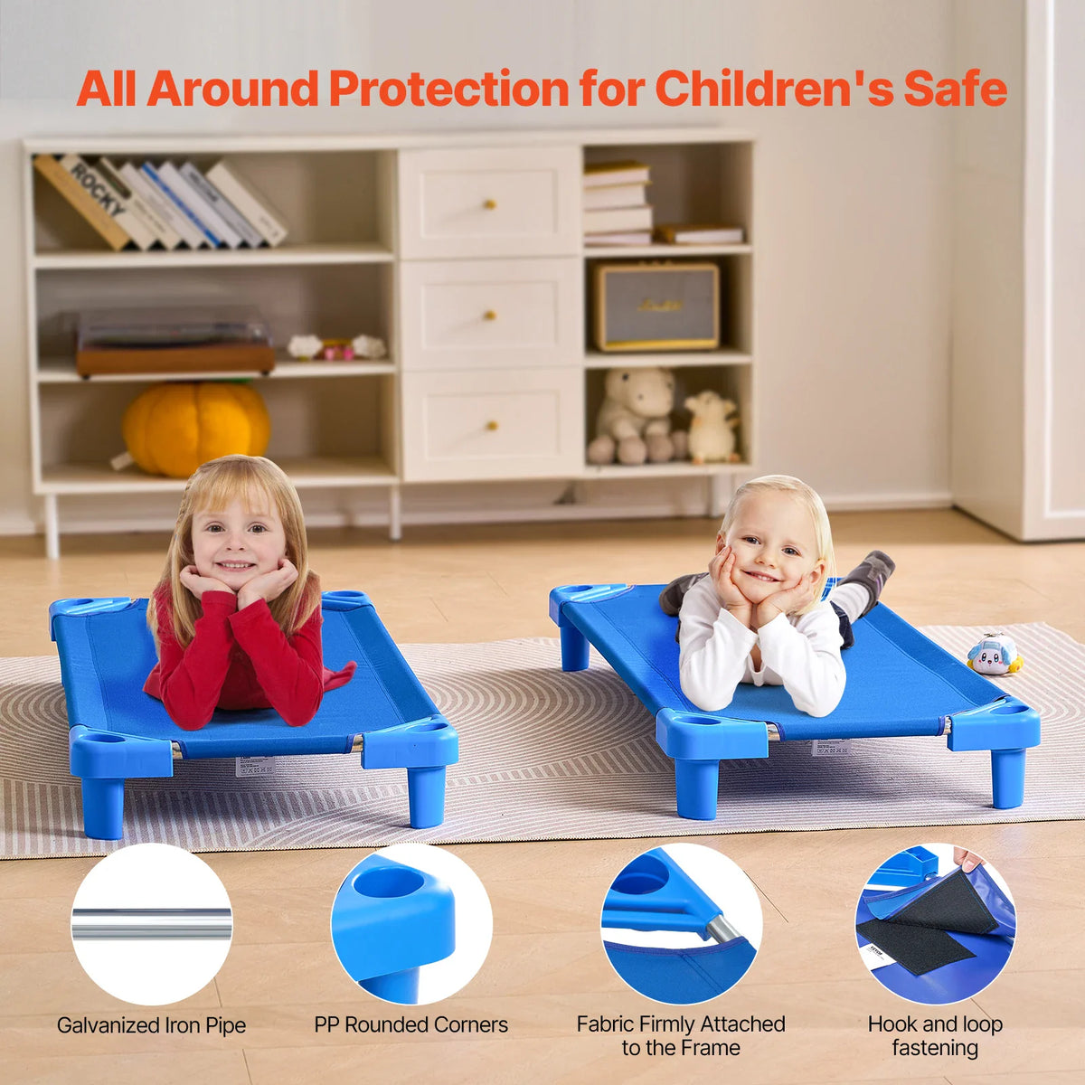 Two children resting on blue nap cots, showing product features like rounded corners and fabric attachments