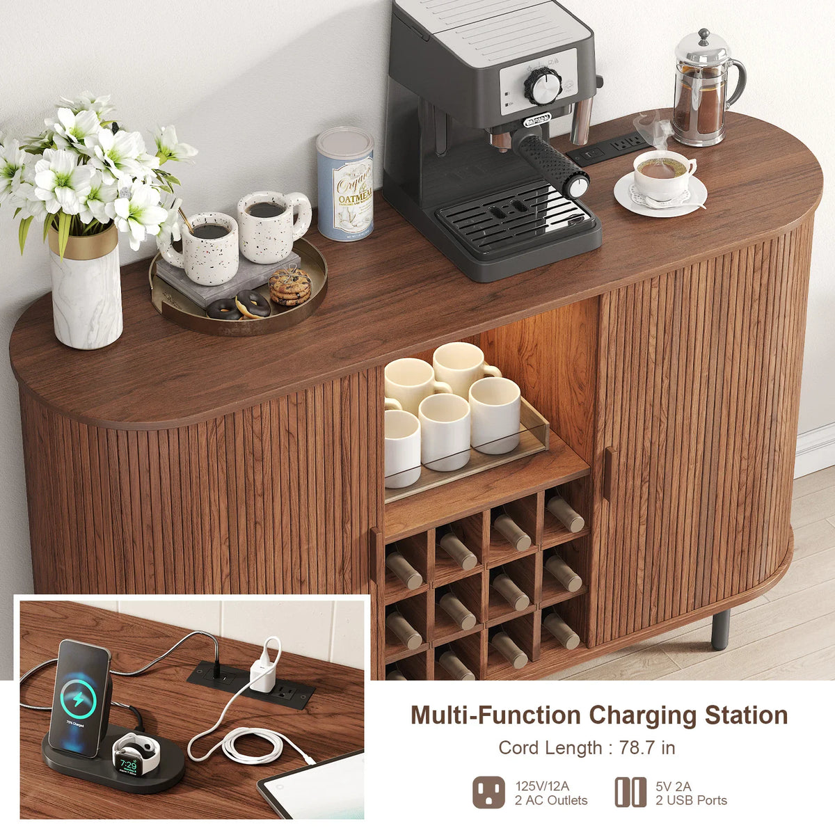 Close-up of the built-in charging station with power outlets and USB ports on the walnut cabinet top.