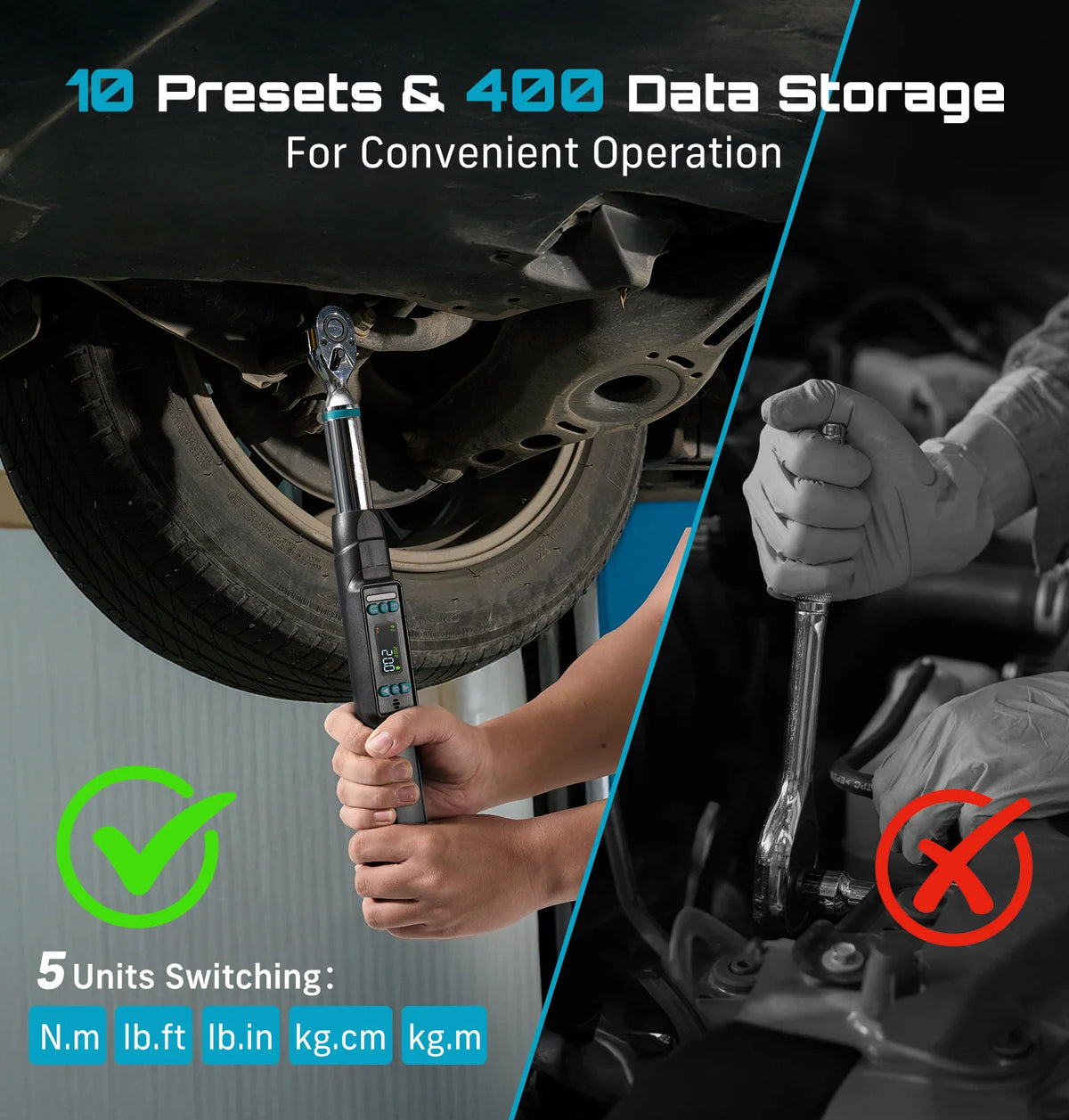 Digital torque wrench showing 10 presets, 400 data storage, and unit switching with car engine repair demo.