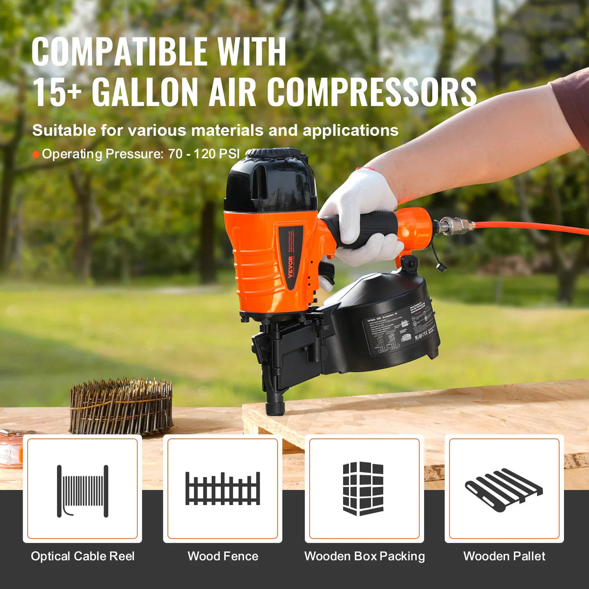 Pneumatic coil siding nailer with application examples like wood fences and pallets