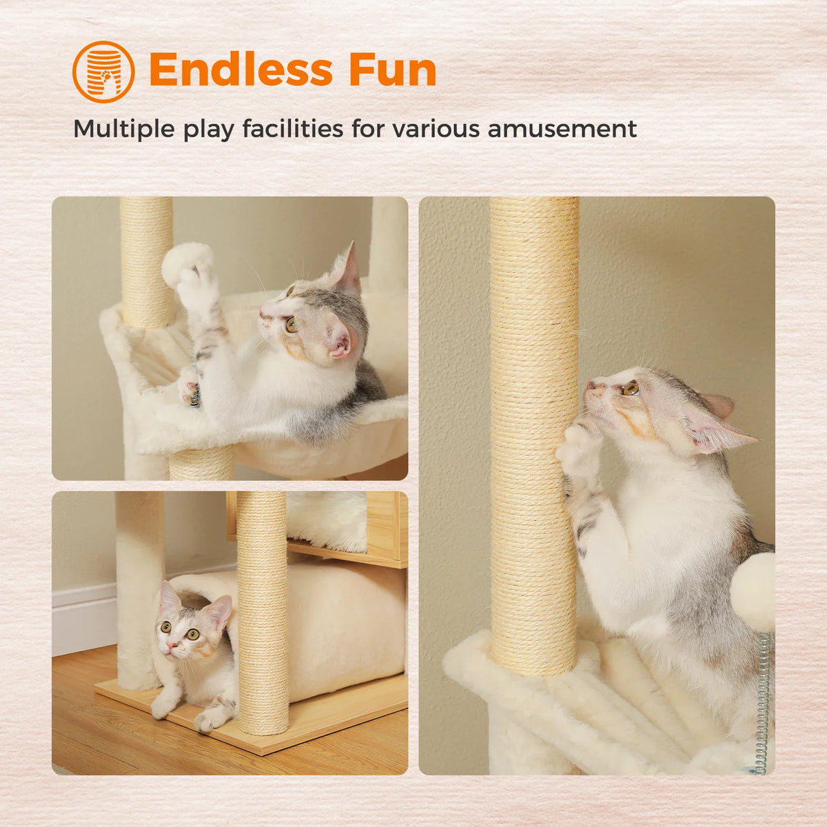 Features of a cat tree shown in three small panels including a dangling toy, tunnel, and scratching post.