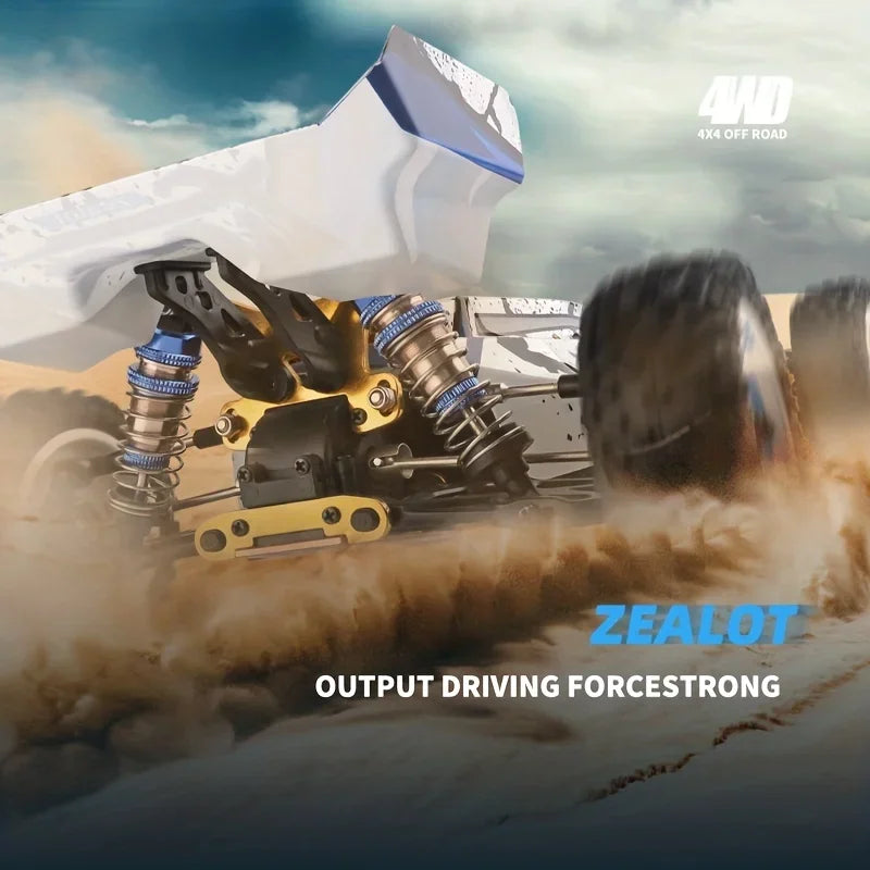 Blue and white 1/12 scale RC racing car drifting on a dirt surface