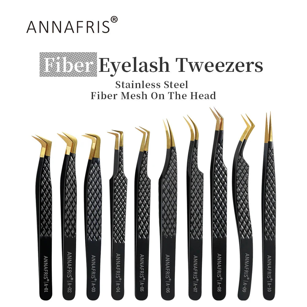 A collection of ten different professional black and gold stainless steel eyelash extension tweezers