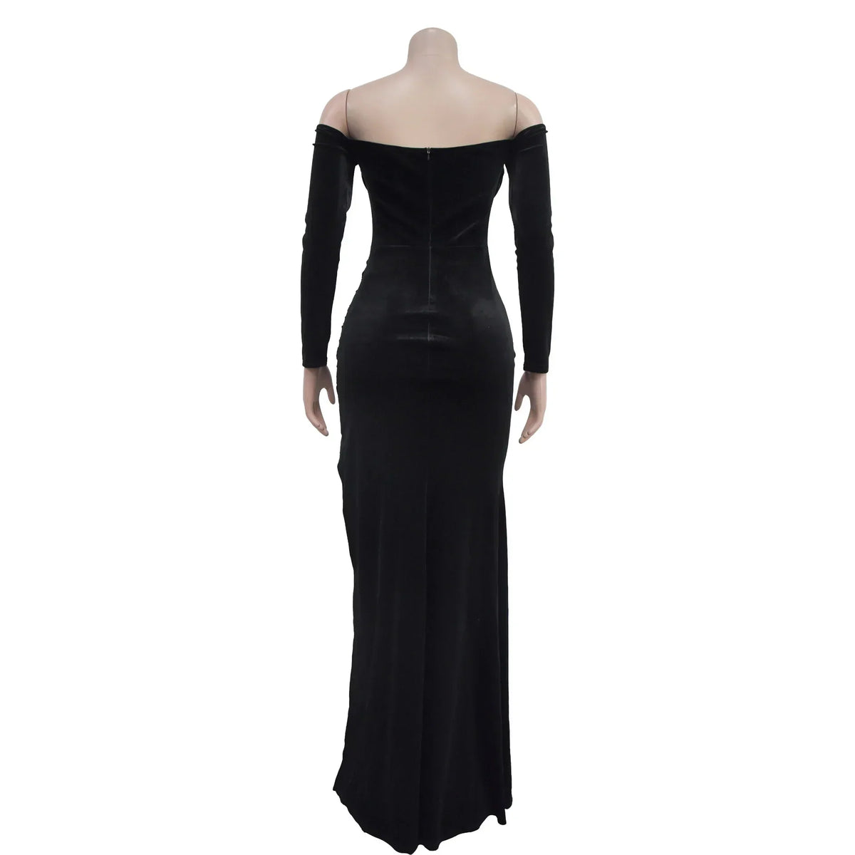 Back view of black velvet off-shoulder long evening dress on mannequin
