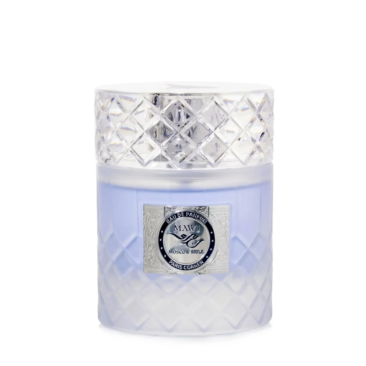 Unisex fragrance bottle with a textured glass base and decorative silver cap
