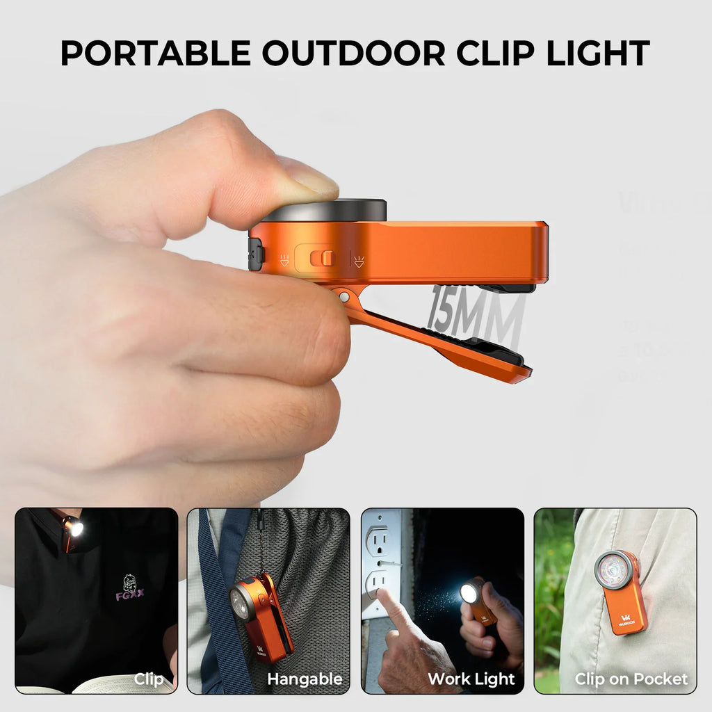 Orange portable pocket flashlight showing clip attachment methods and usage scenarios.