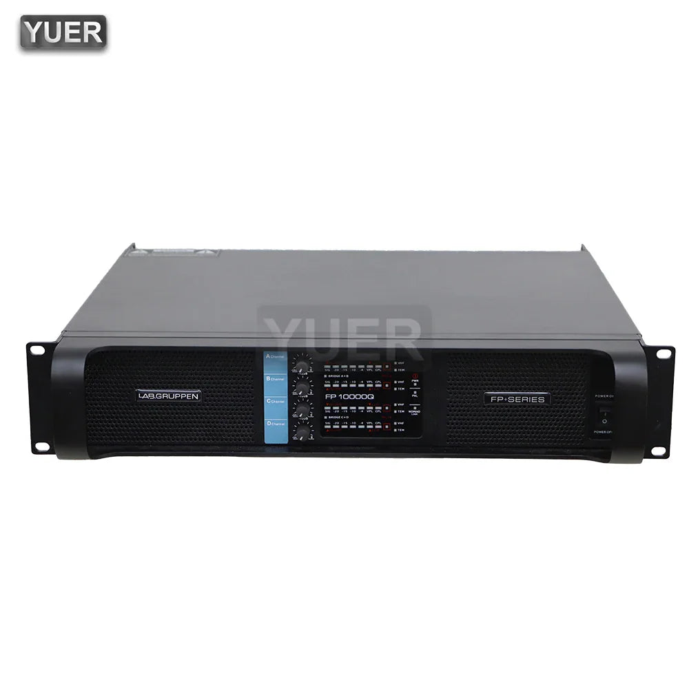 Direct front view of black 4-channel digital power amplifier with volume knobs and indicators