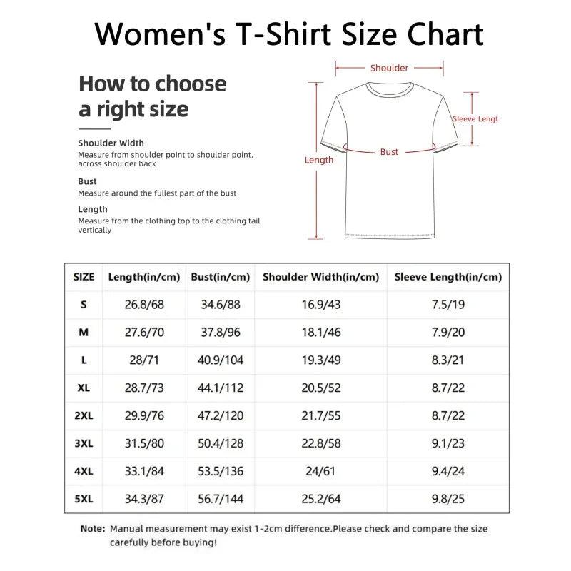 A size chart for a women's t-shirt showing measurements for different sizes