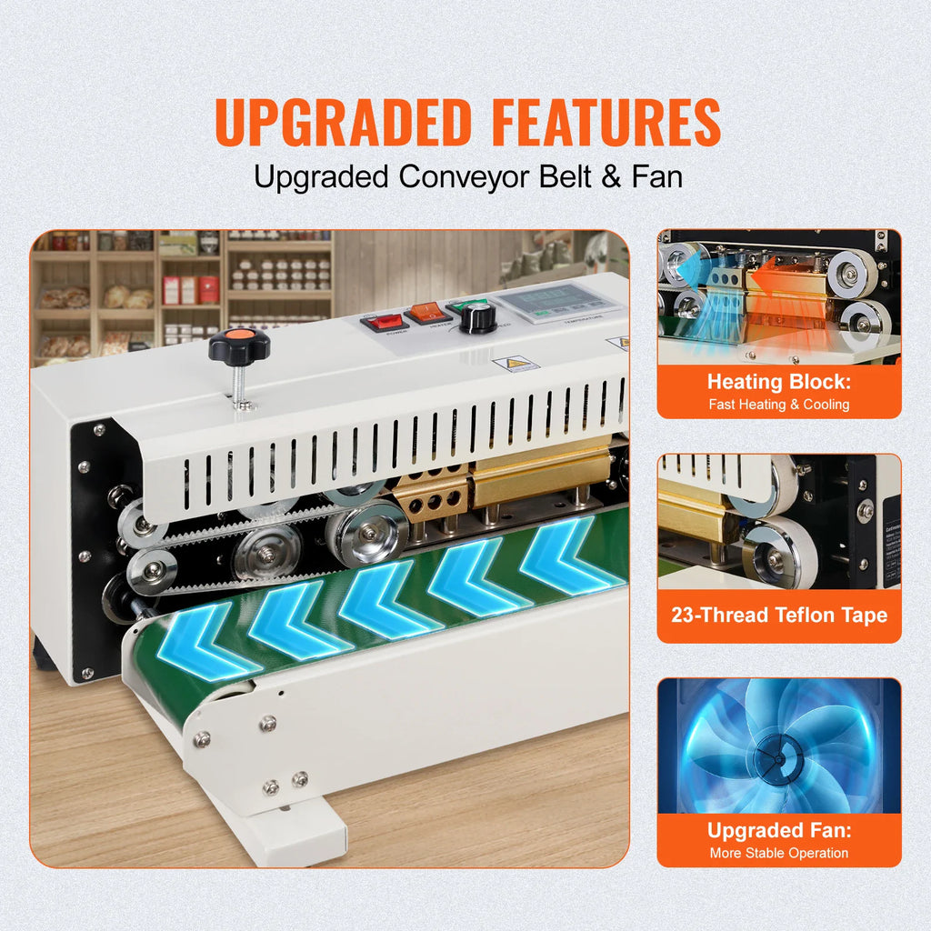 Horizontal bag sealer featuring an upgraded conveyor belt, cooling fan, heating block, and teflon tape.