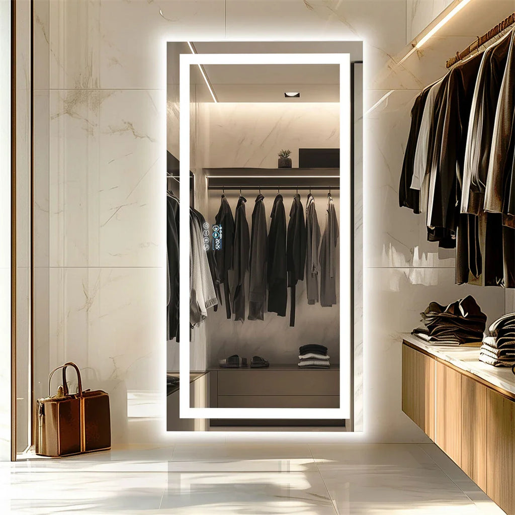 Full length vertical rectangular smart LED wall mirror in a modern walk-in closet setting