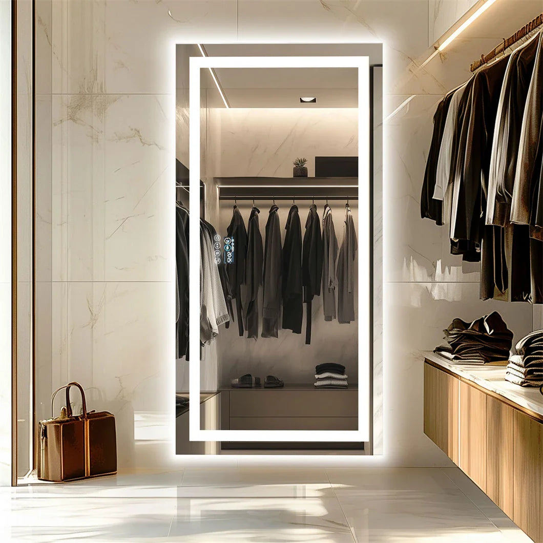 Full length vertical rectangular smart LED wall mirror in a modern walk-in closet setting