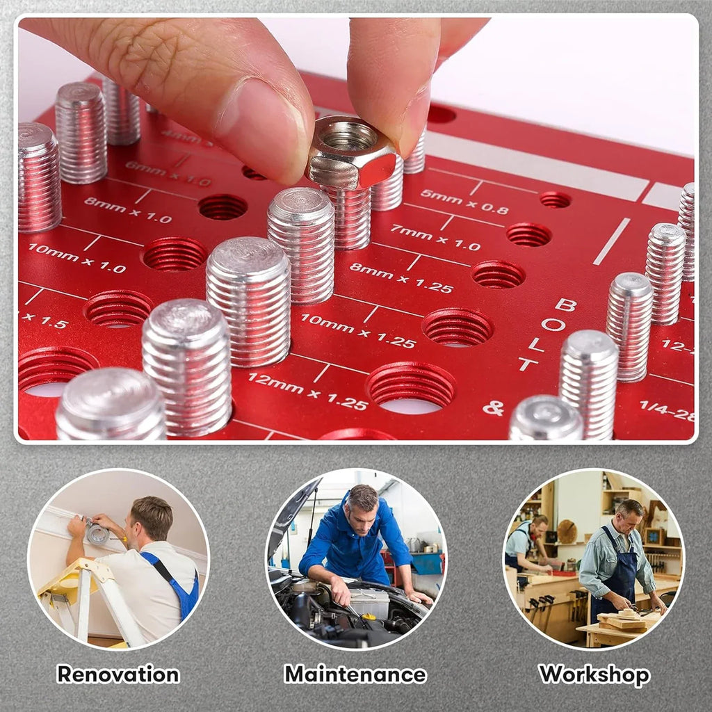 Red bolt and nut thread checker gauge being used in workshop and home maintenance projects