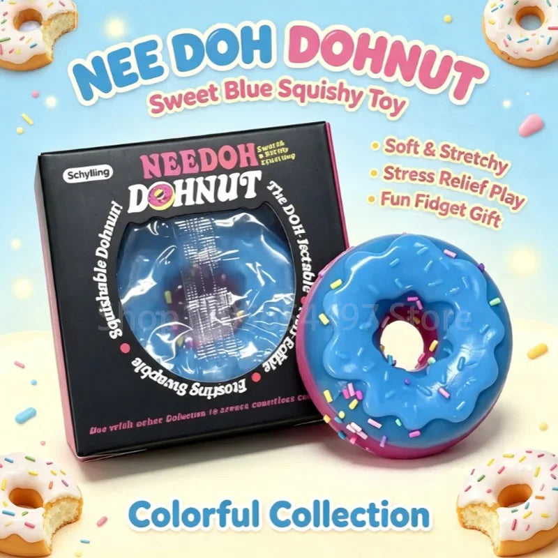 Blue doughnut shaped sensory fidget toy next to its individual black display box.